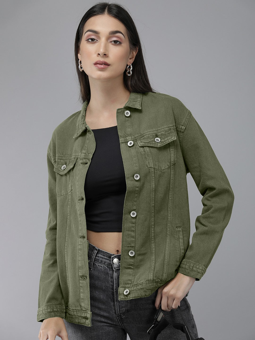 Women Olive Green Solid Boyfriend Denim Trucker