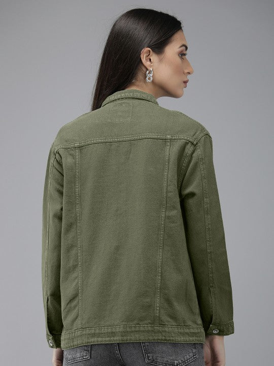 Women Olive Green Solid Boyfriend Denim Trucker