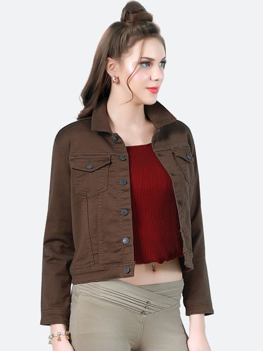 Women Washed Lightweight Brown Denim Jacket