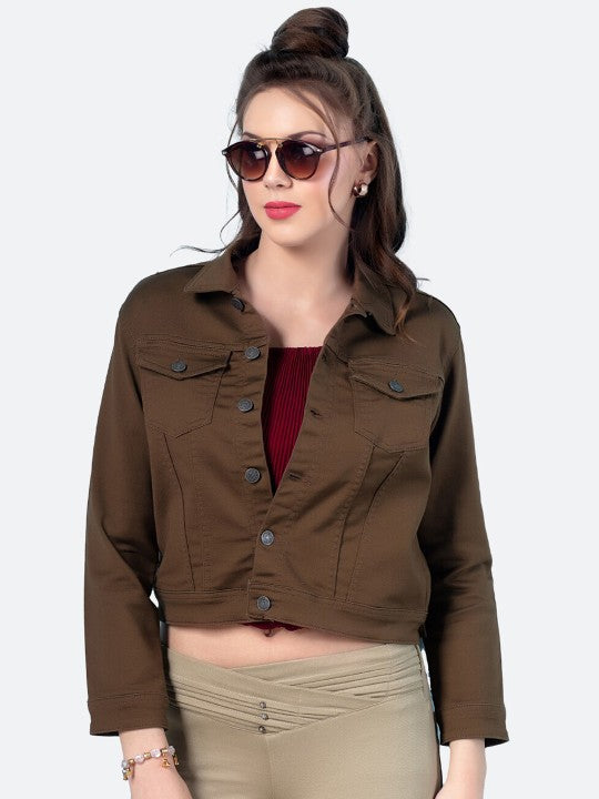Women Washed Lightweight Brown Denim Jacket