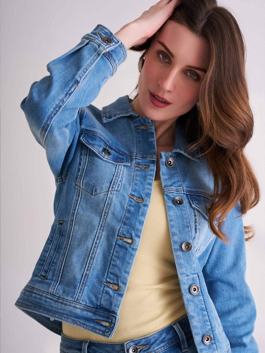 Stylish Women's Light Blue Washed Spread Collar Denim Jacket