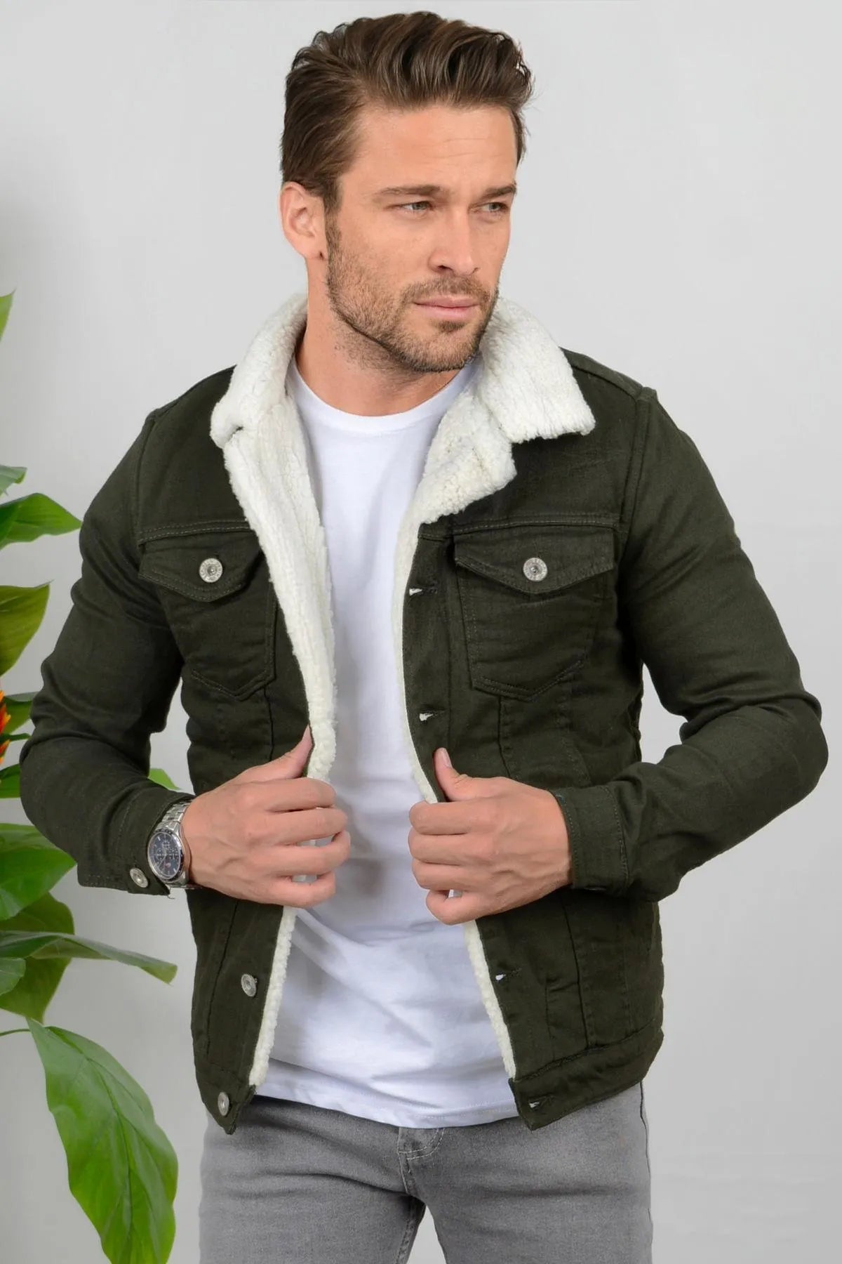 Premium Full White Fur Olive Green Denim Jacket for Men – Cozy