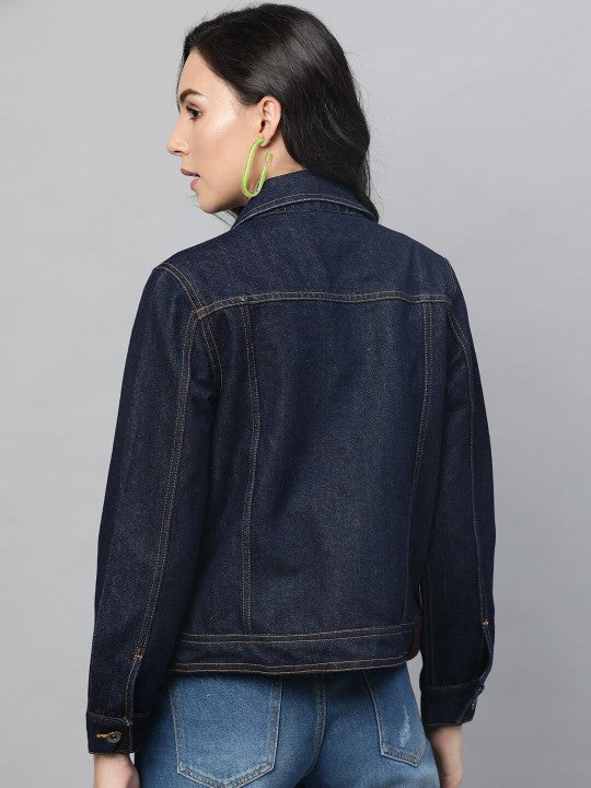 Women Navy Blue Solid Denim Jacket