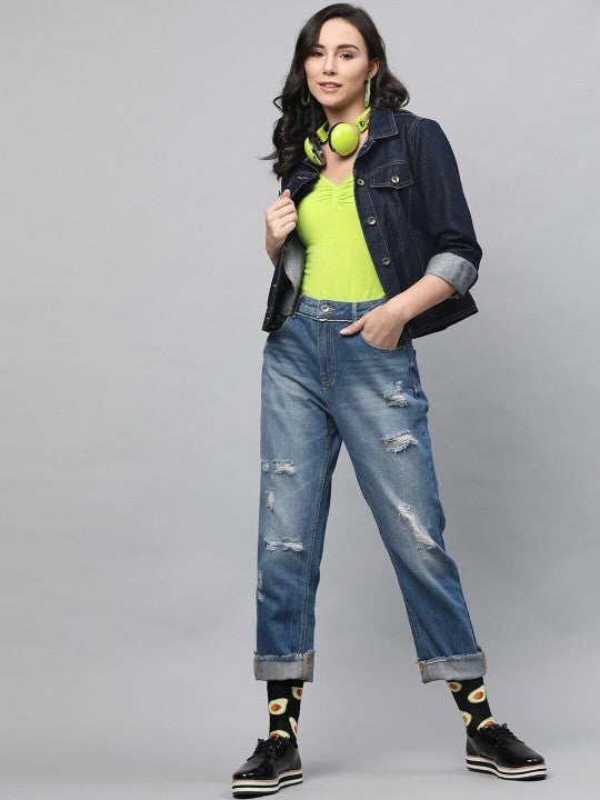 Women Navy Blue Solid Denim Jacket