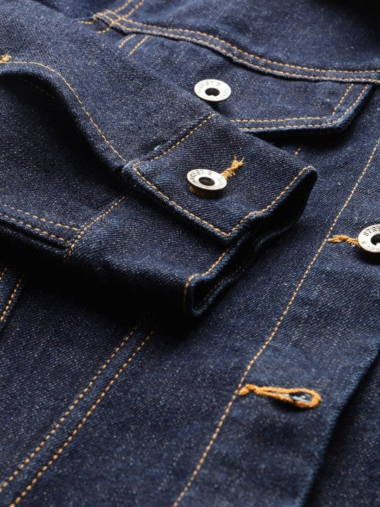 Women Navy Blue Solid Denim Jacket