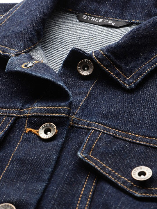 Women Navy Blue Solid Denim Jacket