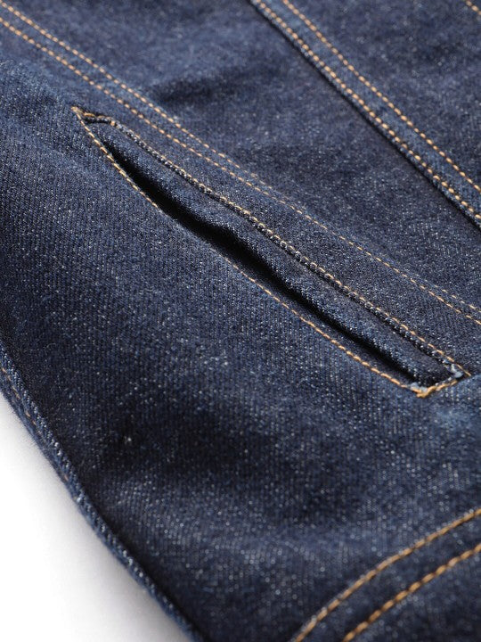 Women Navy Blue Solid Denim Jacket