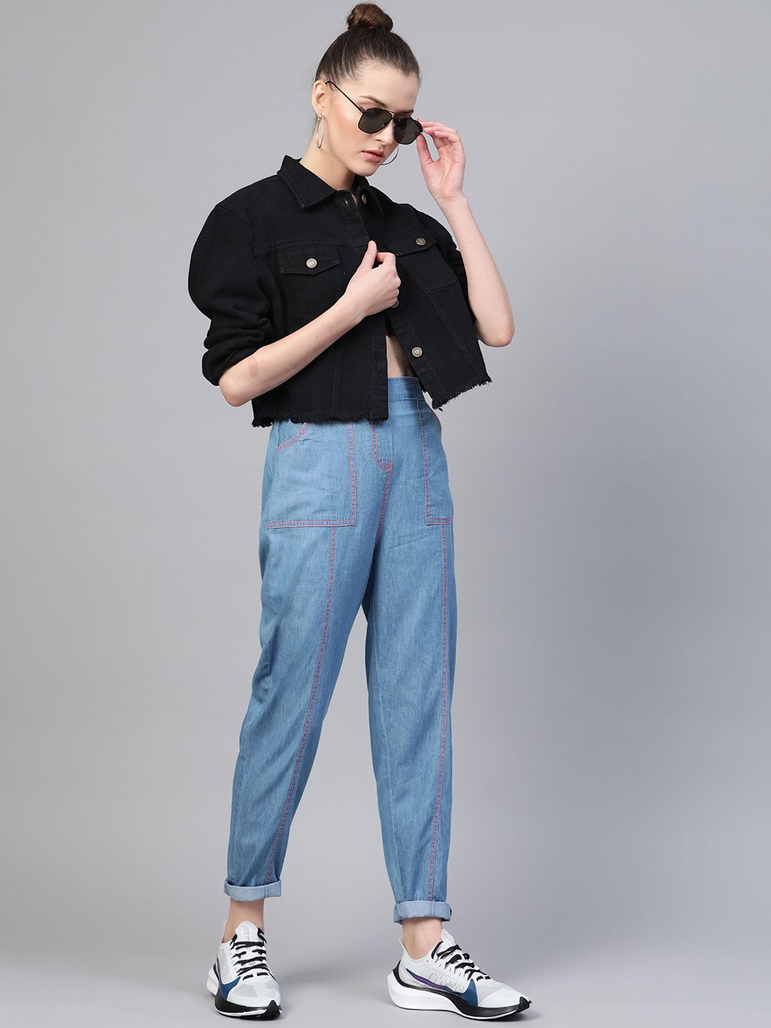 Women Black Solid Fringed Hem Denim Jacket