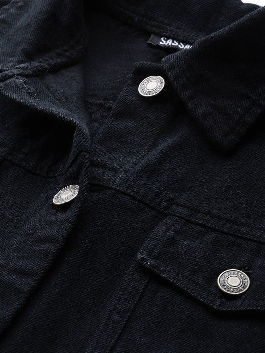 Women Black Solid Fringed Hem Denim Jacket