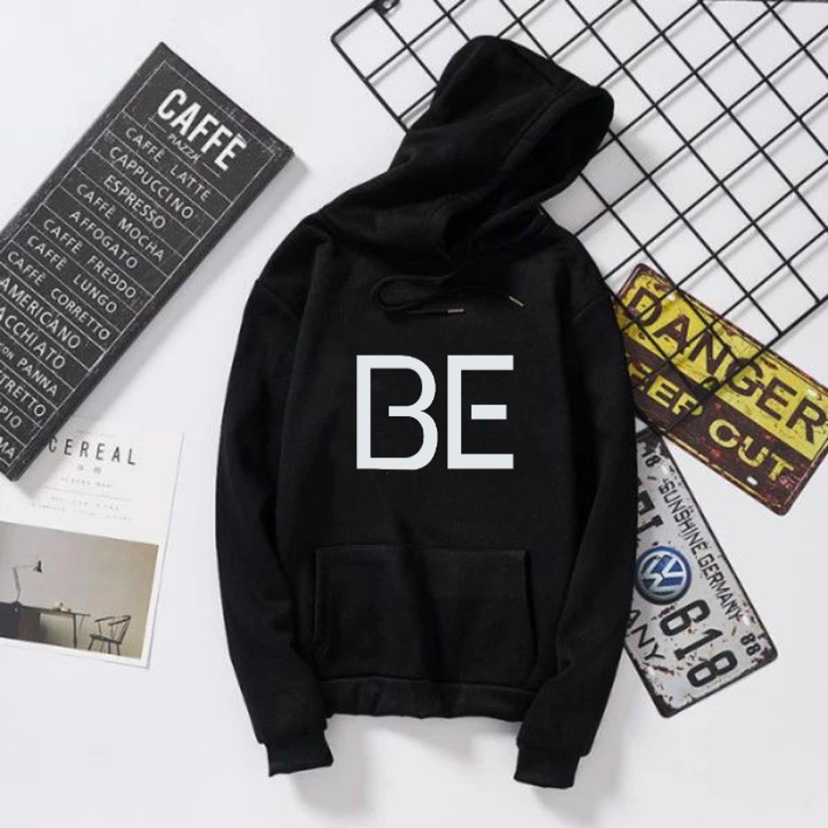 Black BTS BE Printed Fleece Full Sleeves Export Quality Pull Over Hoodie For Women & Men - HB INDUSTRIES - Hoodies & Sweatshirts -