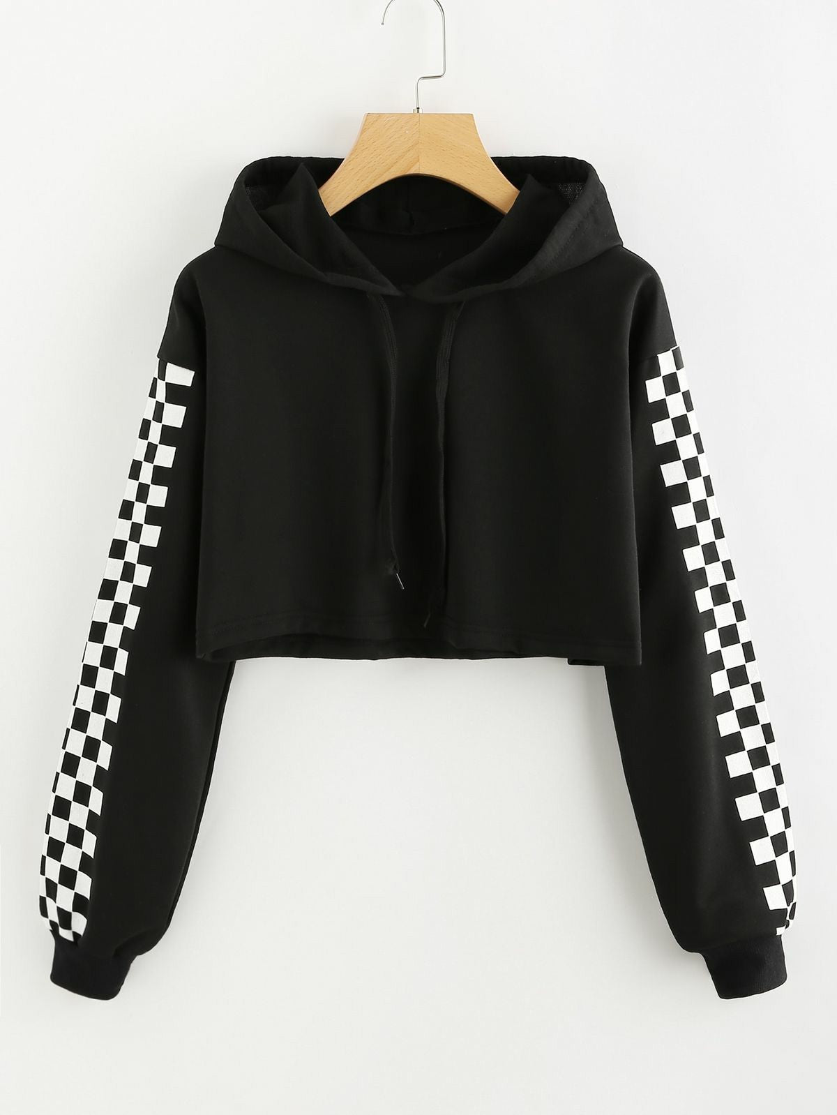 Black Checkered Fleece Full Sleeves Cropped Hoodie For Women - HB INDUSTRIES - Hoodies & Sweatshirts -