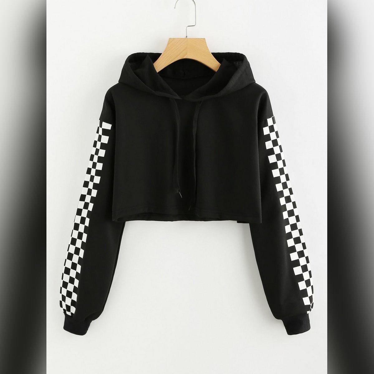 Black Checkered Fleece Full Sleeves Cropped Hoodie For Women - HB INDUSTRIES - Hoodies & Sweatshirts -
