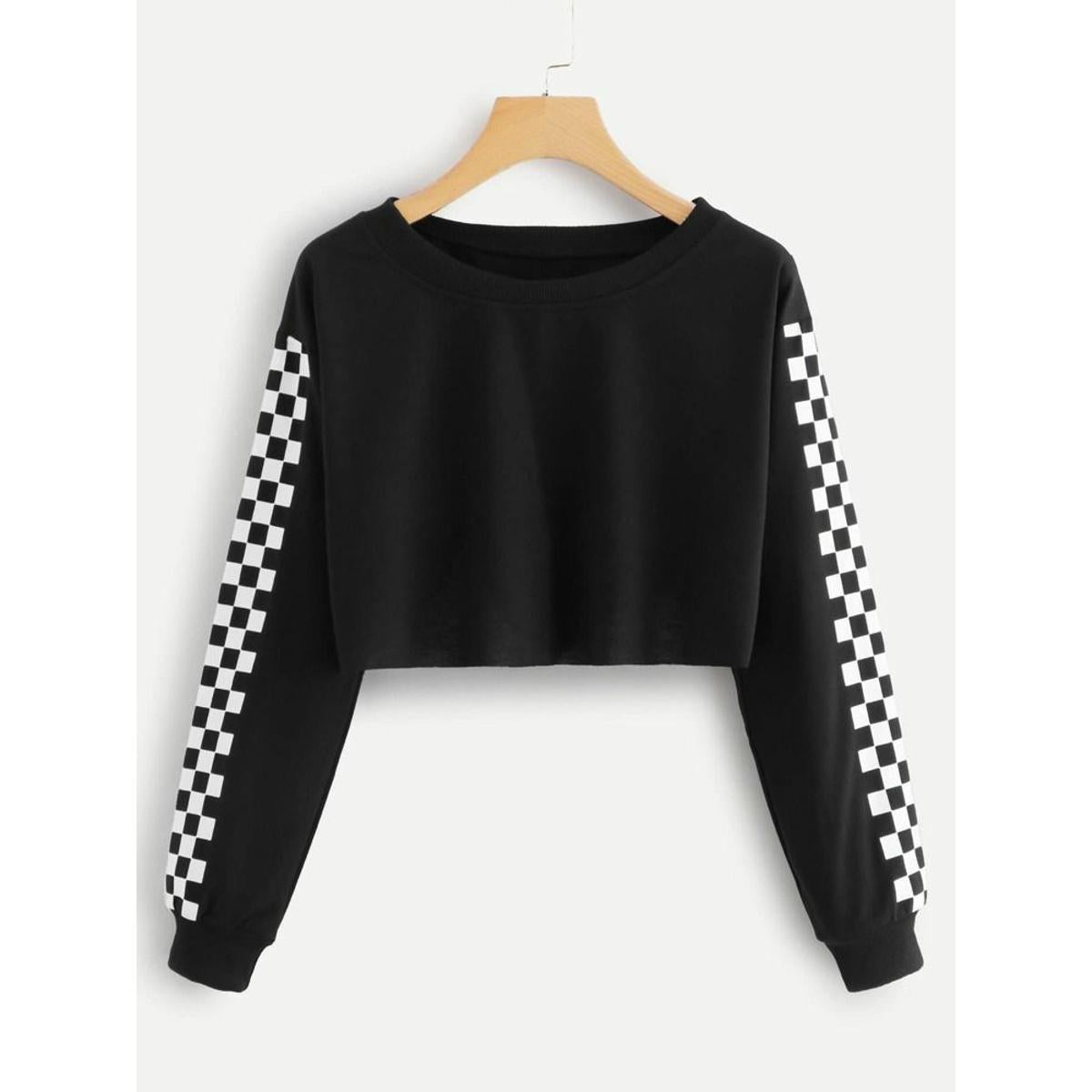 Black Checkered Fleece Full Sleeves Cropped Sweat Shirt For Women - HB INDUSTRIES - Hoodies & Sweatshirts -