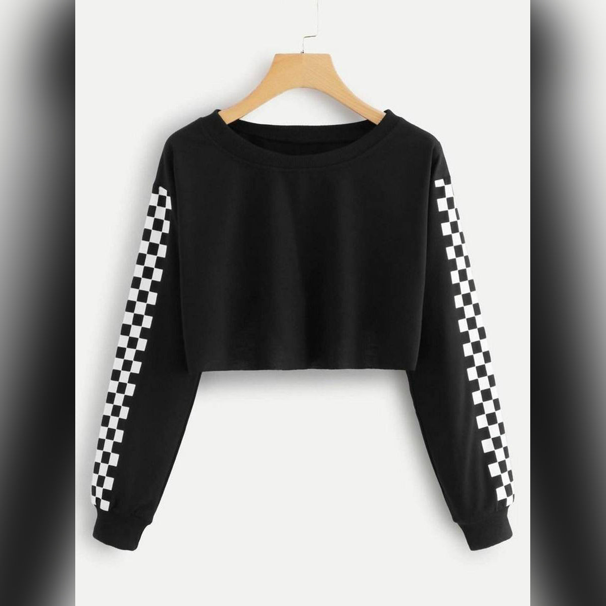 Black Checkered Fleece Full Sleeves Cropped Sweat Shirt For Women - HB INDUSTRIES - Hoodies & Sweatshirts -