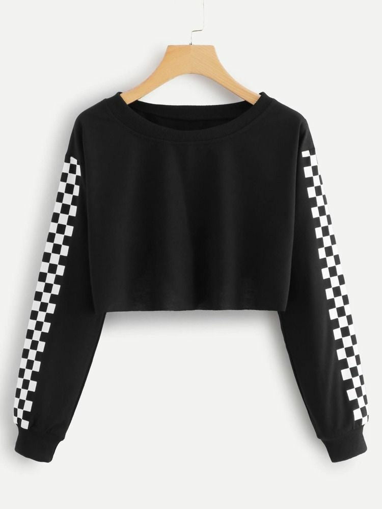 Black Checkered Fleece Full Sleeves Cropped Sweat Shirt For Women - HB INDUSTRIES - Hoodies & Sweatshirts -