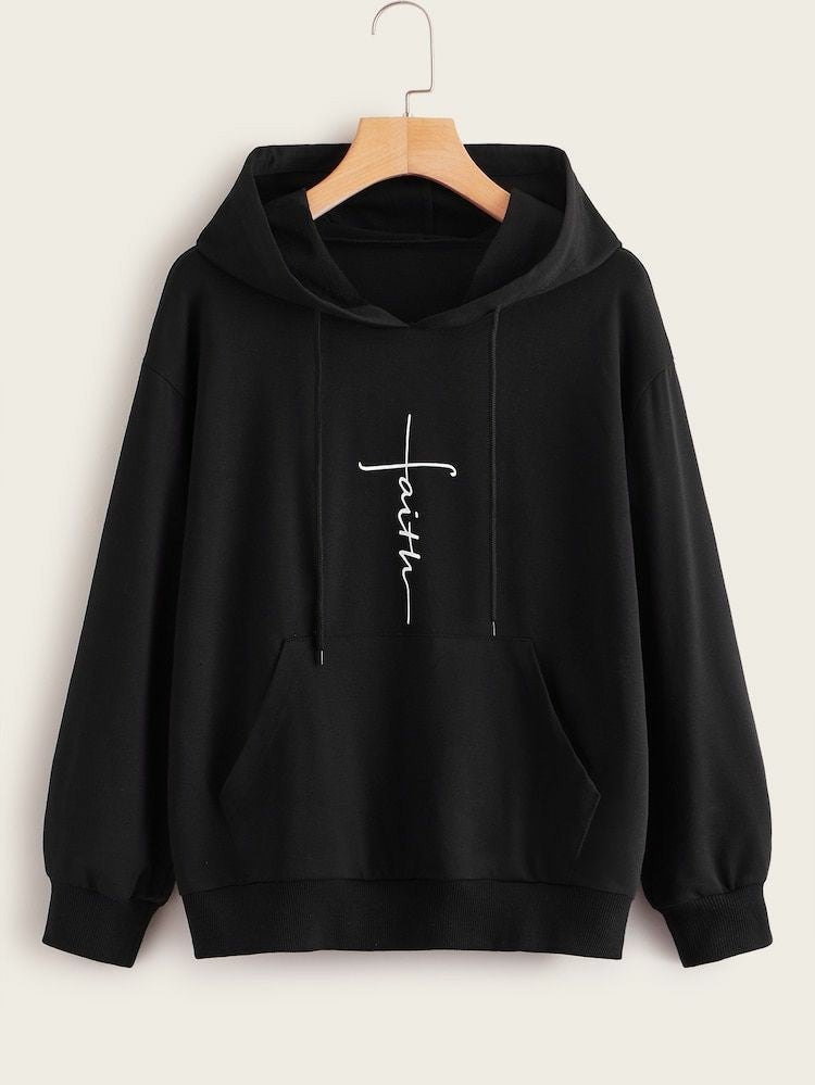 Black Faith Printed Fleece Full Sleeves Pull Over Hoodie - HB INDUSTRIES - Hoodies & Sweatshirts -
