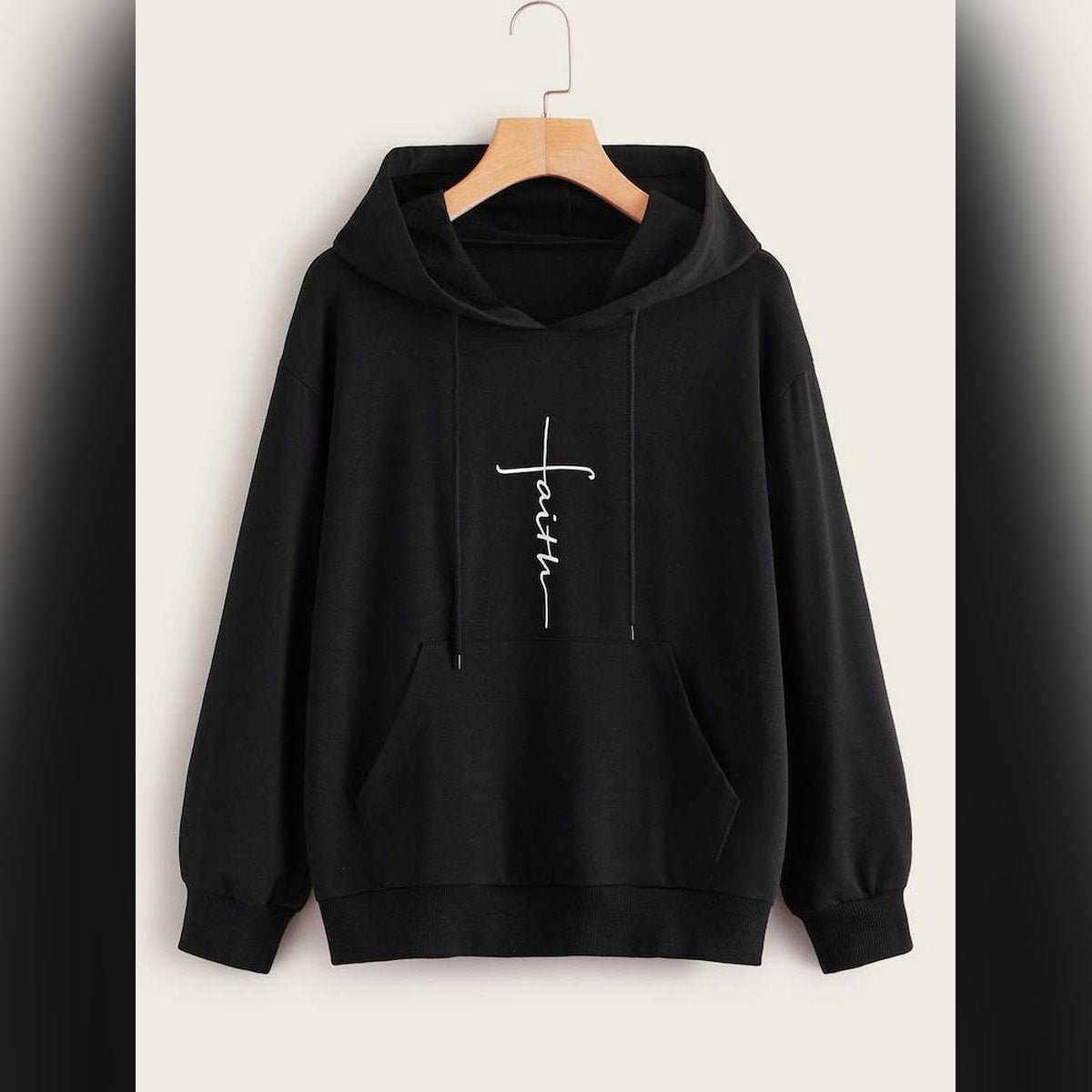 Black Faith Printed Fleece Full Sleeves Pull Over Hoodie - HB INDUSTRIES - Hoodies & Sweatshirts -