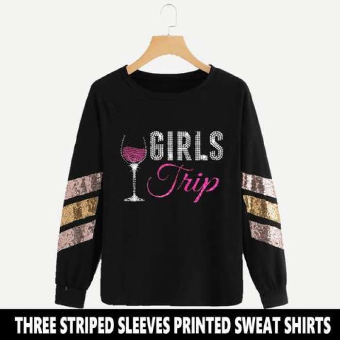 BLACK THREE STRIPED SLEEVES PRINTED SWEAT SHIRTS ( TRIP) - HB INDUSTRIES - Hoodies & Sweatshirts -