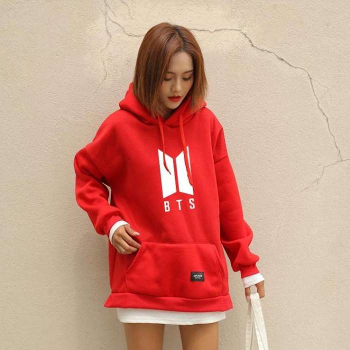 BTS Red Fleece Pullover Pocket Kangaroo Hoodie For Women - HB INDUSTRIES - Hoodies & Sweatshirts -