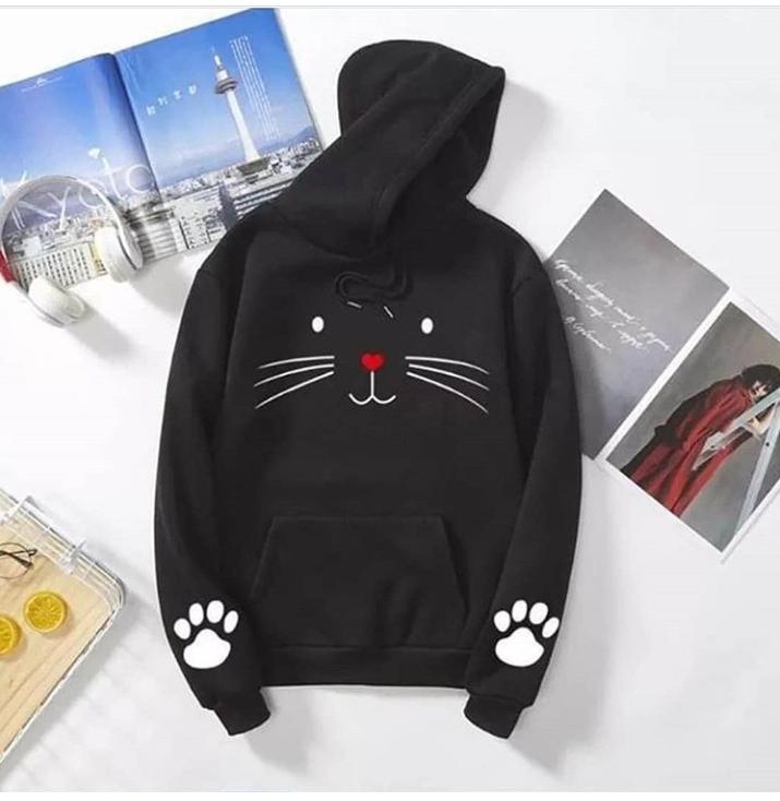 Cat Printed Fleece Full Sleeves Pull Over Hoodie For Women - HB INDUSTRIES - Hoodies & Sweatshirts -