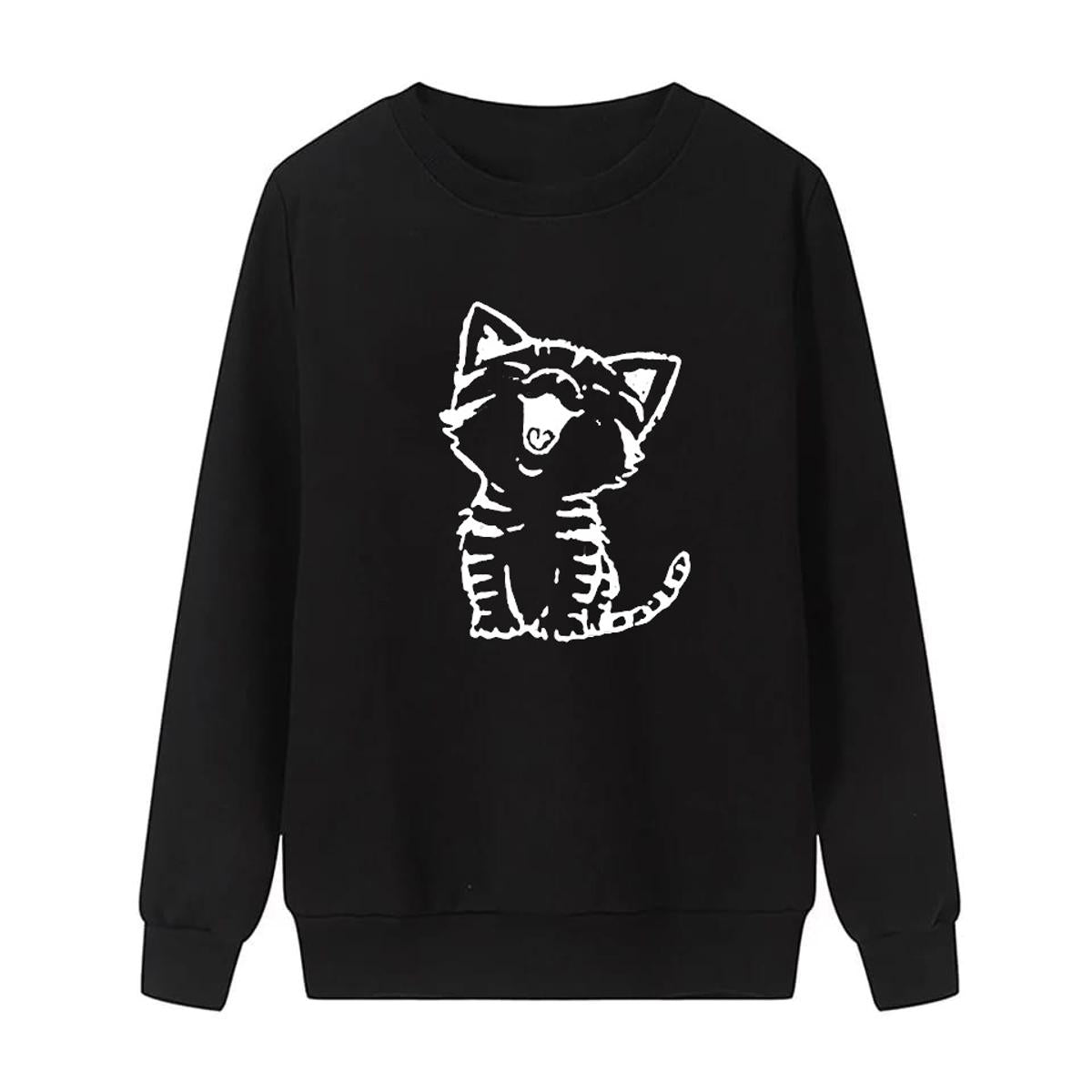 Cat Printed Fleece Full Sleeves Pull Over Sweatshirt For Women - HB INDUSTRIES - Hoodies & Sweatshirts -