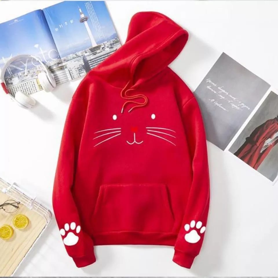 Cute Cat Pow Sleeve Print Fleece Full Sleeves Pull Over Hoodie For Women - HB INDUSTRIES - Hoodies & Sweatshirts -