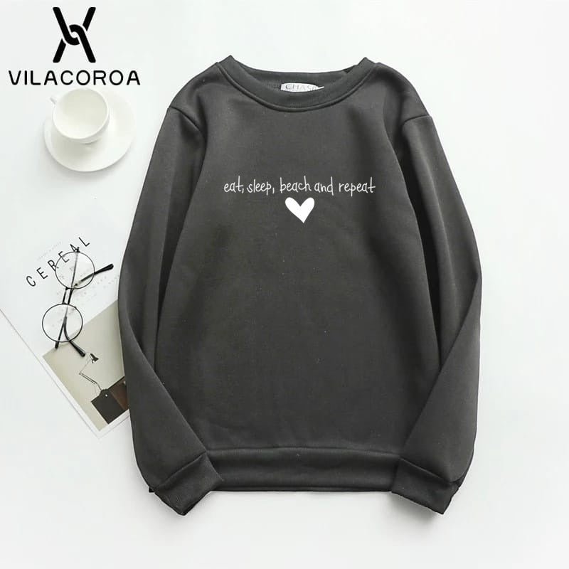 Eat Sleep Beach Repeat Printed Fleece Full Sleeves Pull Over Sweatshirt For Women - HB INDUSTRIES - Hoodies & Sweatshirts -