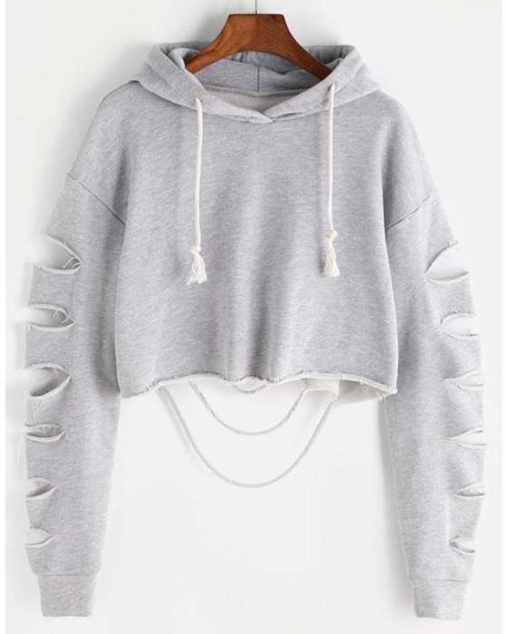 GREY DAMAGE CROPPED HOODIE FOR womens - HB INDUSTRIES - Hoodies & Sweatshirts -