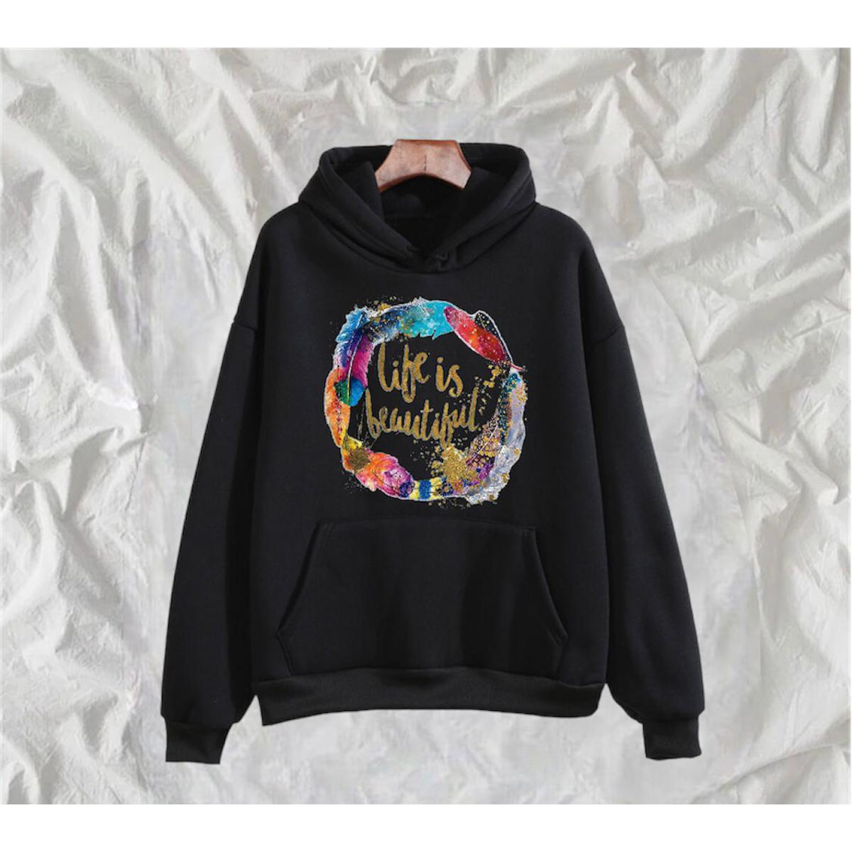 Life Is Beautiful Printed Fleece Full Sleeves Pull Over Hoodie For Women - HB INDUSTRIES - Hoodies & Sweatshirts -