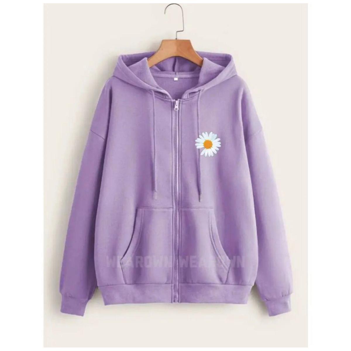 Light Purple Daisy Fleece Full Seeves Zipper Hoodie For Women - HB INDUSTRIES - Hoodies & Sweatshirts -