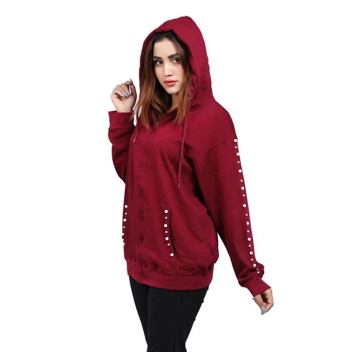 MandJ Max Maroon Pearl Embellished Hoodie For Women - HB INDUSTRIES - Hoodies & Sweatshirts -