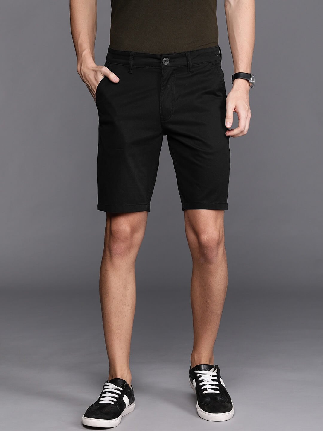 Men Black Slim Fit Solid Chino Shorts - HB INDUSTRIES - Shorts -