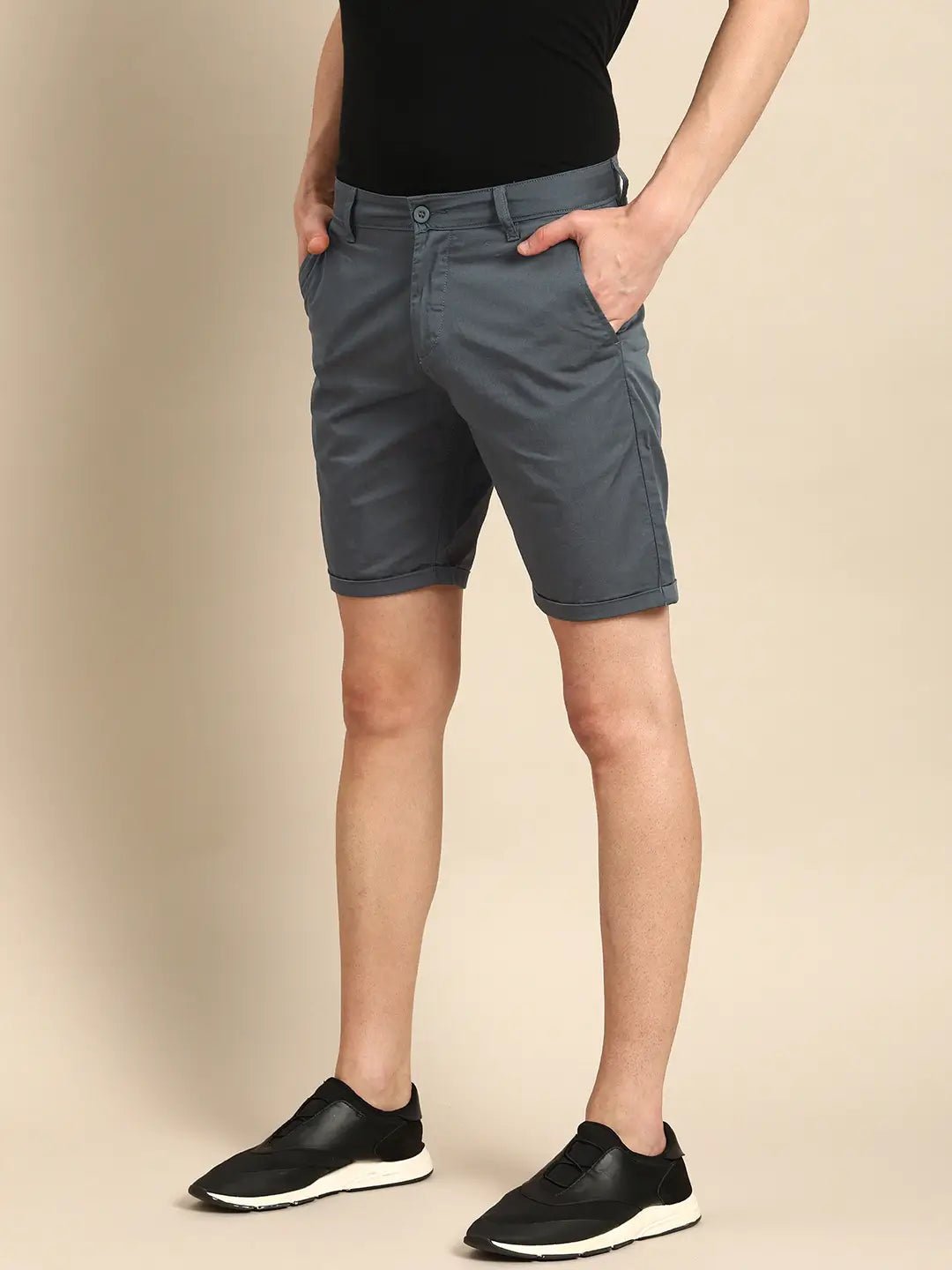 Men Charcoal Gray Solid Slim Fit Chino Shorts - HB INDUSTRIES - Shorts -