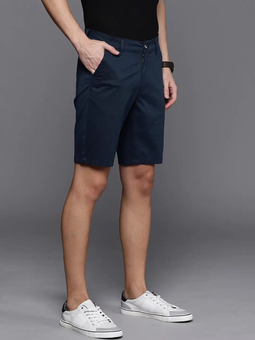 Men Navy Blue Solid Slim Fit Chino Shorts - HB INDUSTRIES - Shorts -
