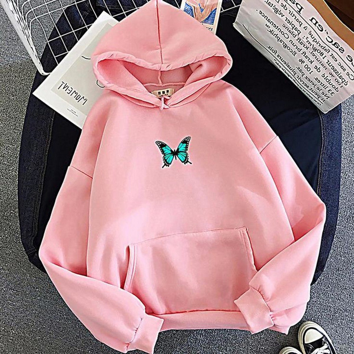 Pink Butterfly Fleece Full Sleeves Pull Over Hoodie For Women - HB INDUSTRIES - Hoodies & Sweatshirts -