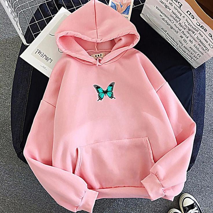 Pink Butterfly Fleece Full Sleeves Pull Over Hoodie For Women - HB INDUSTRIES - Hoodies & Sweatshirts -