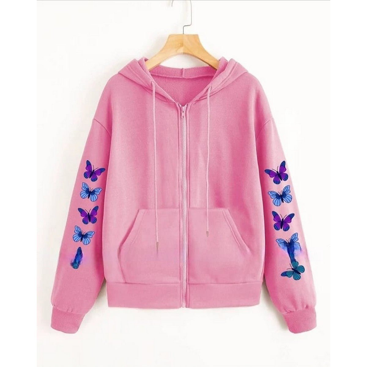 Pink Butterfly Fleece Full Sleeves Zipper Hoodie For Women - HB INDUSTRIES - Hoodies & Sweatshirts -