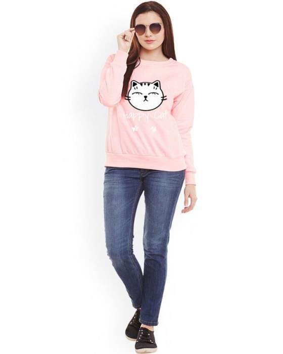 Pink Happy Cat Printed Sweat Shirt For Women - HB INDUSTRIES - Hoodies & Sweatshirts -