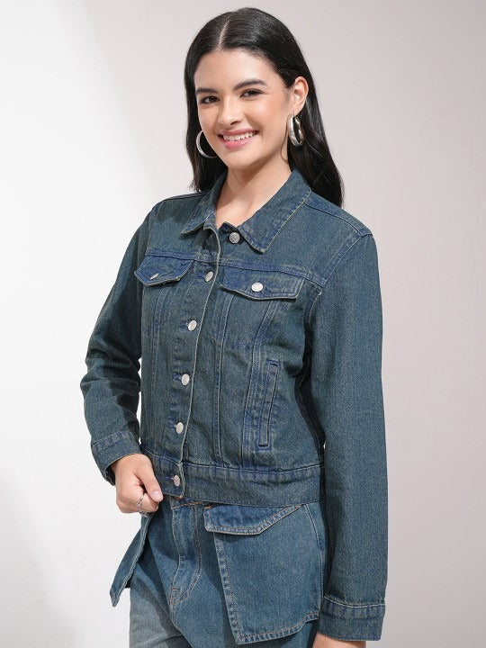 Women Blue Solid Denim Jacket for Daily Wear in Pakistan – Stylish Cotton Outerwear by DOCACCA