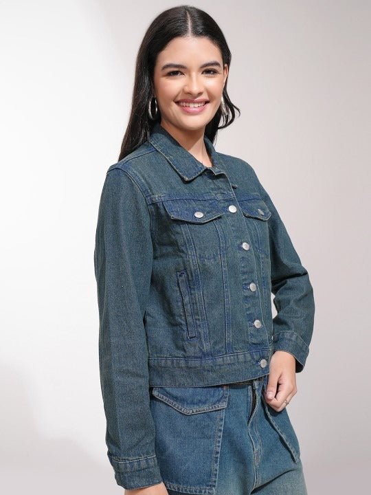 Women Blue Solid Denim Jacket for Daily Wear in Pakistan – Stylish Cotton Outerwear by DOCACCA