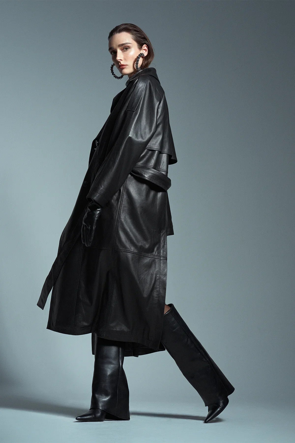 Women's Black Double Breasted Long Leather Trench Coat