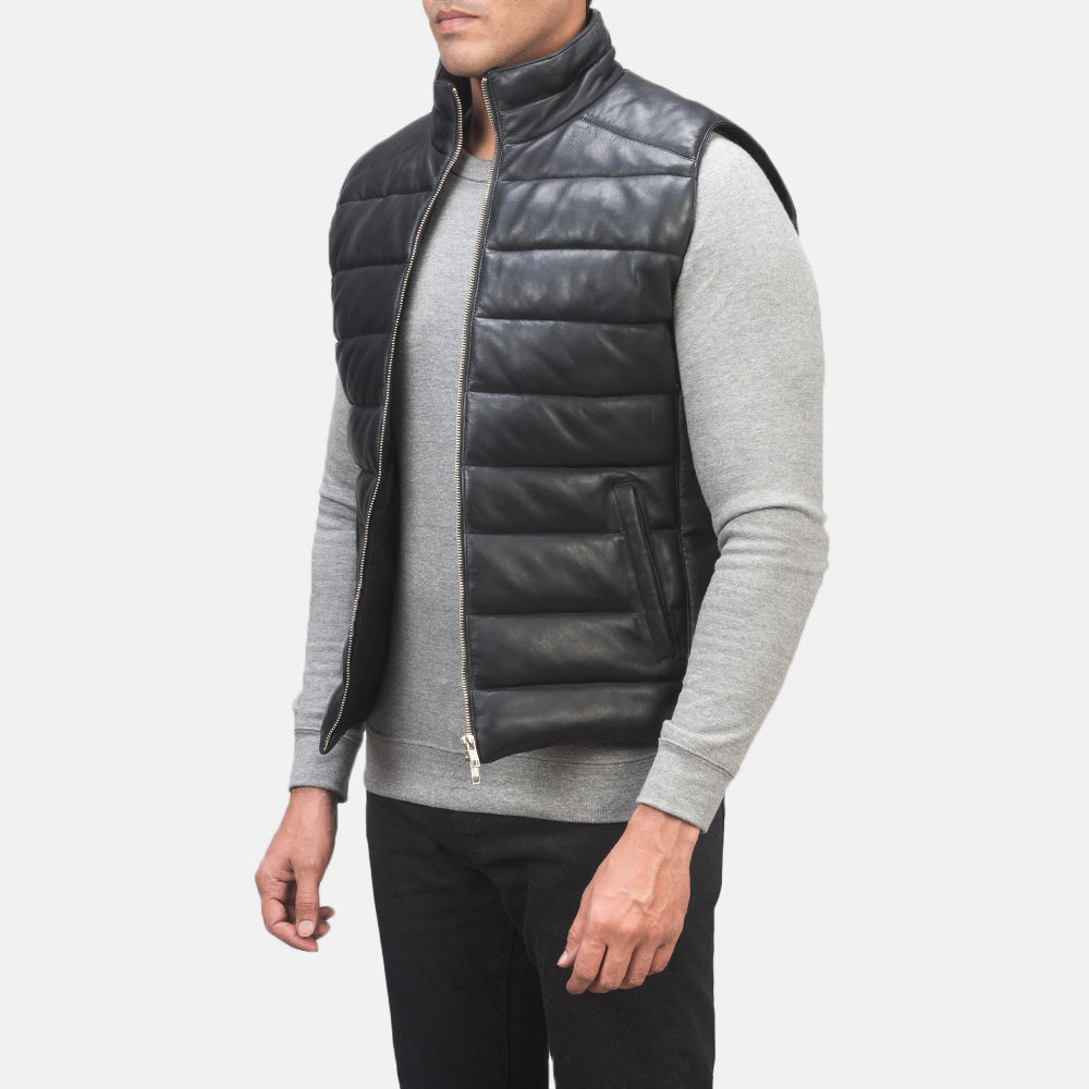 HB INDUSTRIES Black Genuine Leather Puffer Vest