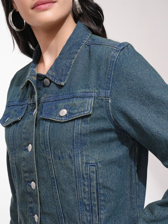 Women Blue Solid Denim Jacket for Daily Wear in Pakistan – Stylish Cotton Outerwear by DOCACCA