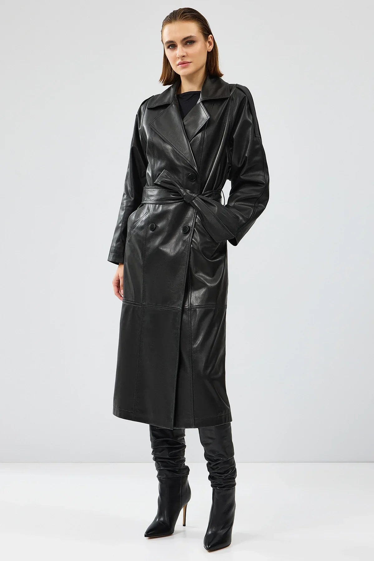 Women's Black Double Breasted Long Leather Trench Coat