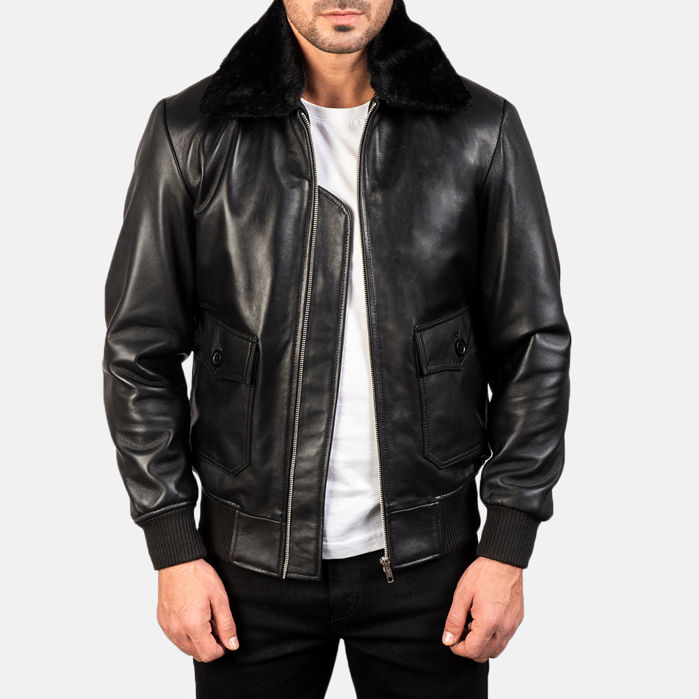 Black Collar Fur Leather Bomber Jacket