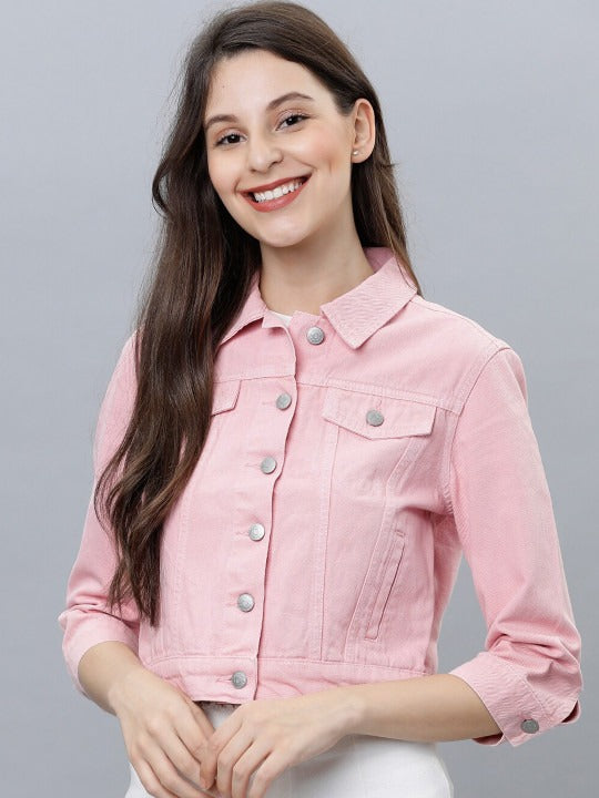 Women Pink Solid Denim Jacket – Trendy Everyday Outerwear for Pakistani Fashion | HB INDUSTRIES