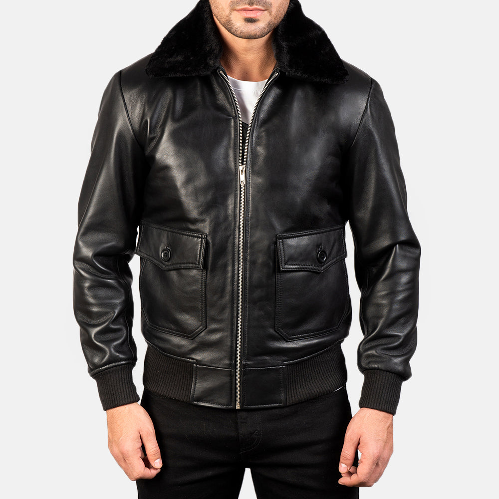 Black Collar Fur Leather Bomber Jacket