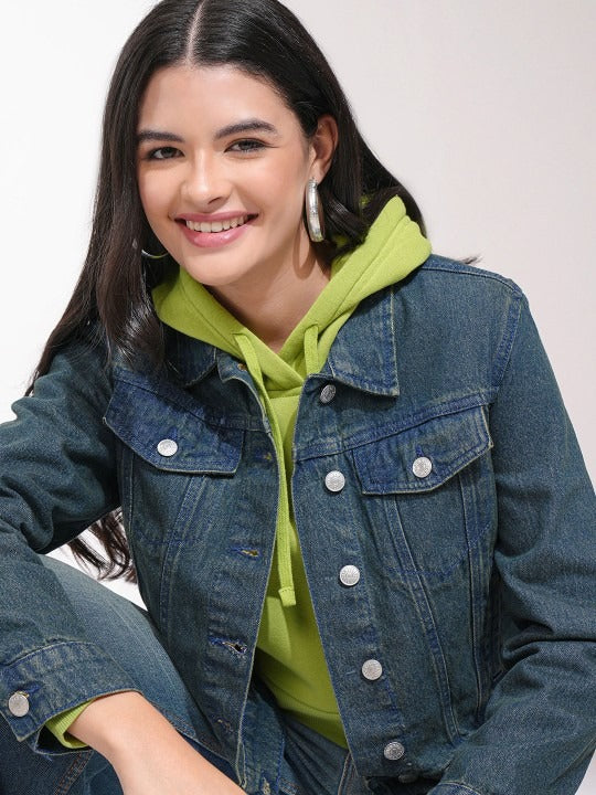 Women Blue Solid Denim Jacket for Daily Wear in Pakistan – Stylish Cotton Outerwear by DOCACCA
