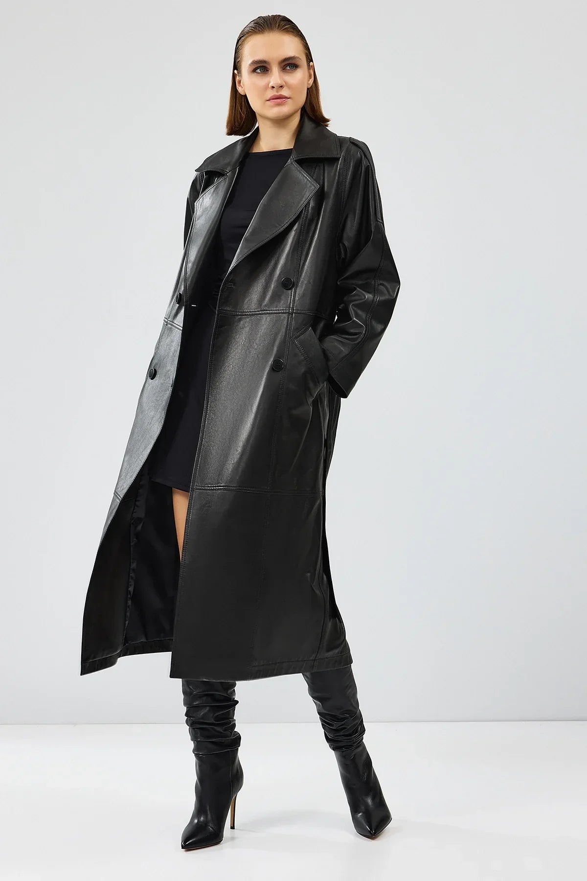 Women's Black Double Breasted Long Leather Trench Coat