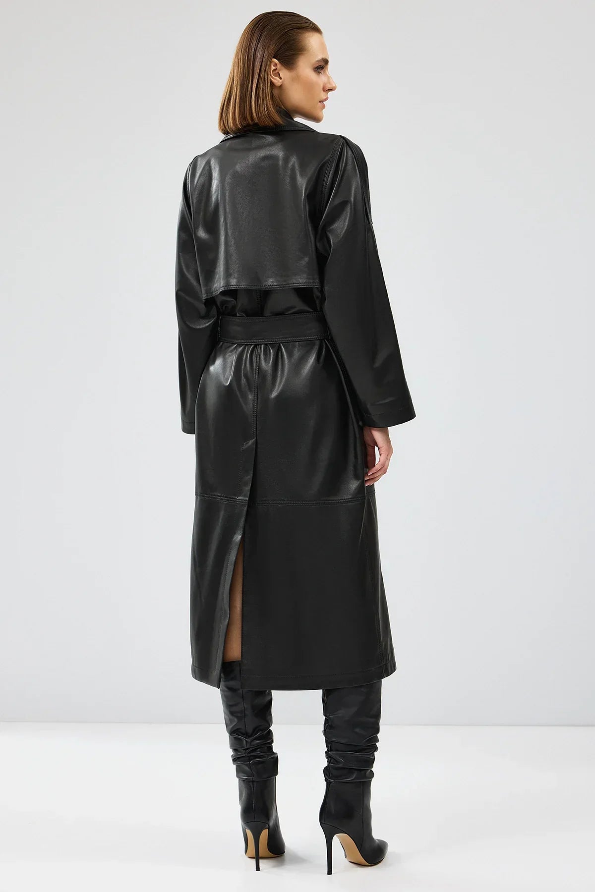 Women's Black Double Breasted Long Leather Trench Coat